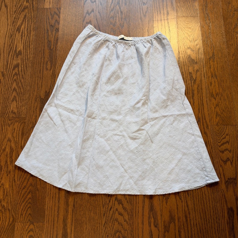 Cut Loose Light Blue 100% Linen A-Line Midi Skirt Elastic Waist Made in USA M